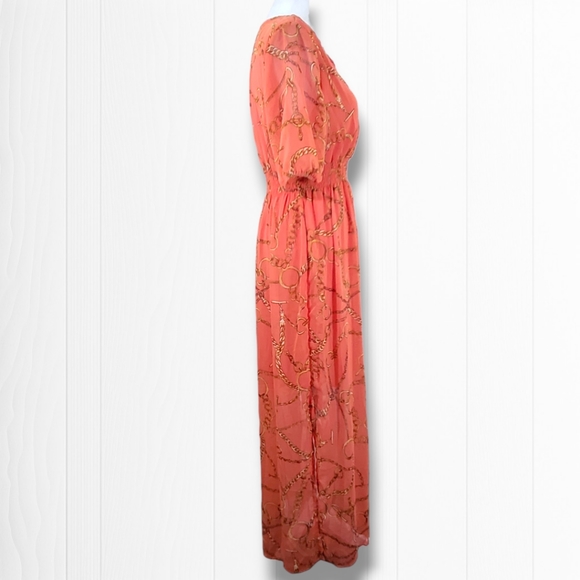 Enfocus Studio Orange V-Neck Short Sleeve Chain Print Maxi Dress Size 6 - Picture 5 of 9